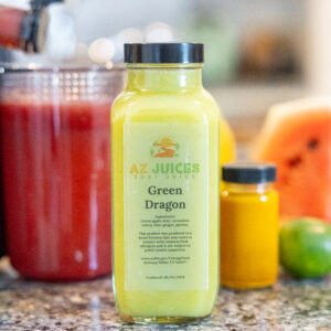 Green Dragon green juice bottle on countertop