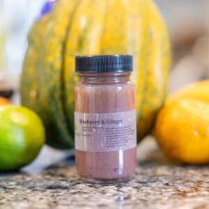 Jar labeled Blueberry and Ginger on countertop